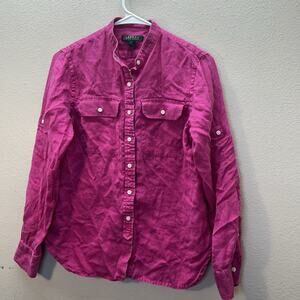 LRL Ralph Lauren 100% Linen Button‎ Up Roll Tab Shirt Top Pink SZ S Western Prep